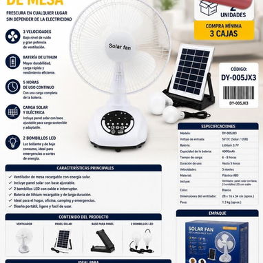 Ventilador Recargable de mesa con panel solar y dos bombillos - Img 122198798