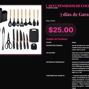 Set Cocina 19 Utensilios Mangos Madera + Acero Inox, Utensilios 19 Pzas Con Cuchillos Acero Y Batidor Globo . - Img 57354509