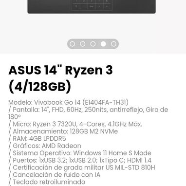 ASUS 14" Ryzen 3 (4/128GB). Pantalla: 14", FHD, 60Hz, 250nits, antirreflejo, Giro de 180º - Img 111776117
