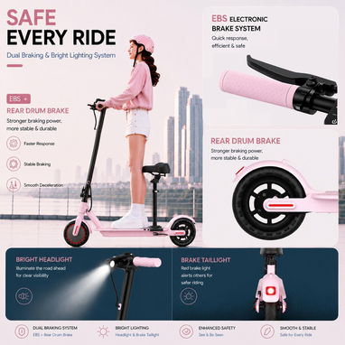 Carriola eléctrica para adultos / scooter 'Joyhis' con asiento desmontable Color: Rosa 350W Litio 36V/5.2Ah RIN 8.5' NEW - 6/9
