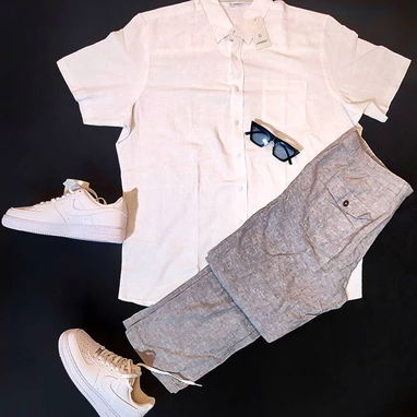 Camisa blanca mangas corta , pantalón blanco de lino , ropa de lino para hombres - Img 94437866