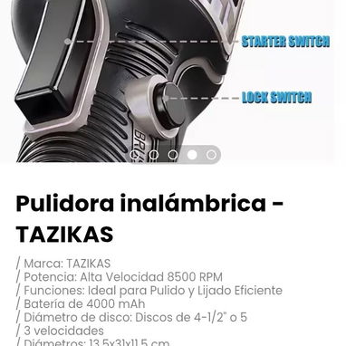 Pulidora inalámbrica - TAZIKAS. Incluye 2 discos de corte, cargador y 1 batería 4Ah, llave de ajuste - 4/4