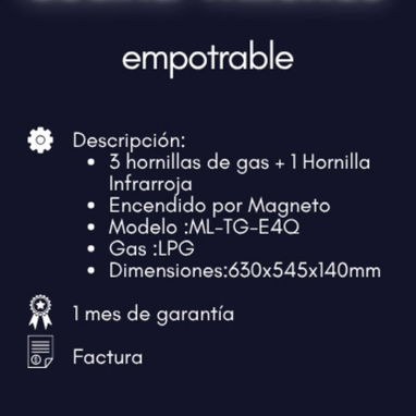 Cocina Milexus empotrable de 3 hornillas de gas + 1 hornilla infrarroja (MENSAJERIA INCLUIDA) - Img 123493152