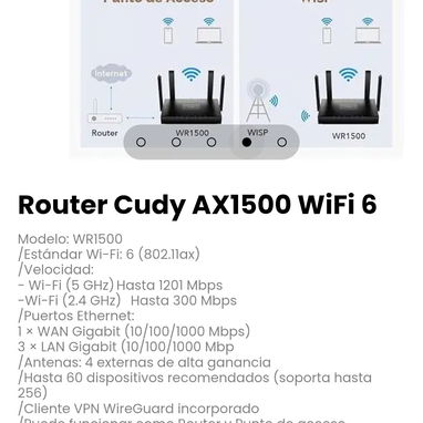 Router Cudy AX1500 WiFi 6. Incluye: Alimentador, cable Ethernet - 4/5