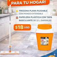 FREGONA PLANA PLEGABLE CON MANGO EXTENSIBLE + PAPELERA PLÁSTICA CON TAPA BASCULANTE DE 12 L (NARANJA) - Img 55782986