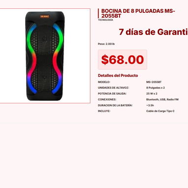 BOCINA DE 8 PULGADAS MS-2055BT $68.00, BOCINA 8'' CON MICRÓFONO 6000W P.M.P.O NDR-1095 $150.00 - 8/10