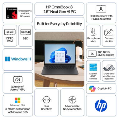 LAPTOP 🎁NUEVA🎁📦CAJA, HP OmniBook (16-bz0010wm), 16" 2k, Snapdragon X(Intel Core Ultra 5), 16GB DDR5, 512GB SSD, 20H - 8/8