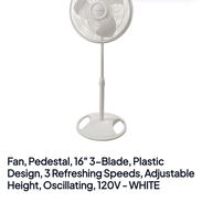 Ventilador Fan, Pedestal, 16"3-Blade, Plastic Design, 3 Refreshing Speeds, Adjustable Height, Oscillating, 120V - WHITE - Img 56981658