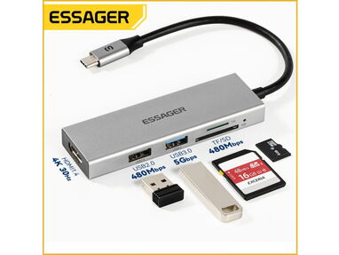 ✳️ Adaptador USB Tipo C ESSAGER 100% Original Gama Alta 🛍️ Adaptador HDMI 4K Regleta Hub HUB 5 Entradas OTG - Img main-image