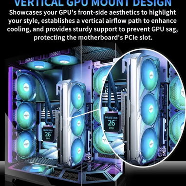 MUSETEX Funda de PC, diseño de montaje vertical de GPU, ventiladores ARGB 5 PWM preinstalados, soporte RAD de 14.173 in, - Img 124296456