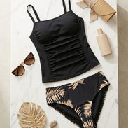 Trusa bikini estilo tankini negro y dorado, talla M. Práctico conjunto de dos piezas con top largo acanalado y bikini de - Img 56104211