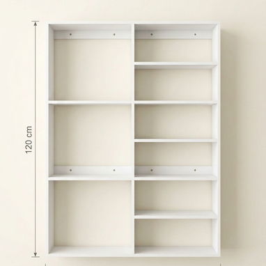 Estante de pared asimétrico en MDF hidrófugo, ideal para salas y estudios, con repisas de diferentes tamaños. - Img 115679911