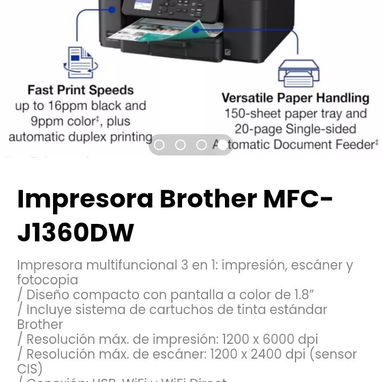 Impresora Brother MFC-J1360DW. / Conexión: USB, WiFi y WiFi Direct - Img 115804920