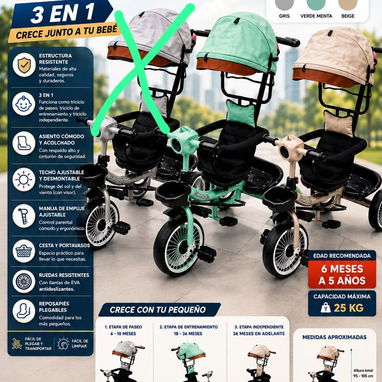 Triciclo evolutivo 3 EN 1 nuevos cinturón d seguridad techo ajustable para niños/a d 6meses a 5años que pesen hasta 25kg - 2/2