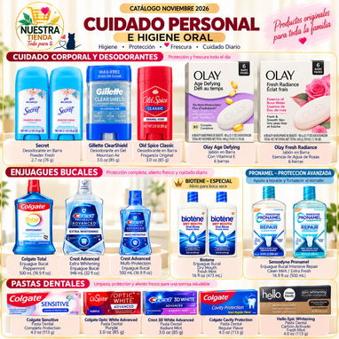 Champú, Acondicionador, Cremas Olay y L'Oréal  Sérum, Desodorantes, Gillette, Detergente, Pasta Dental, y Más. Noviembre - 6/9