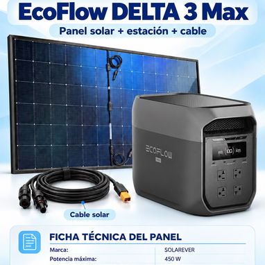*Combo de ecoflow Delta 3 Clásica con cable de 10 metros y panel de 450W - 3/4