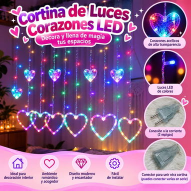 Cortina de luces LED con adornos de corazón  Medida: 3 x 1 metro - 2/2