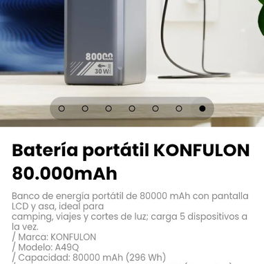 Batería portátil KONFULON 80.000mAh. Marca: KONFULON / Modelo: A49Q - 7/7