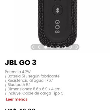 JBL GO 3. Potencia 4.2W. Batería 5H, según fabricante. Nuevo - Img 110026339
