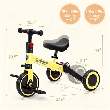 Triciclo para niños 3 en 1. con ruedas traseras plegables. Colores amarillo, azul y Rosa - 5/6