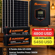 Kit de 10 kW, incluye • 6 paneles JINKO 625-650w • inversor Sunshine Power 5000w • 2 baterías HumsiENK 24v 200aH - Img 57837874