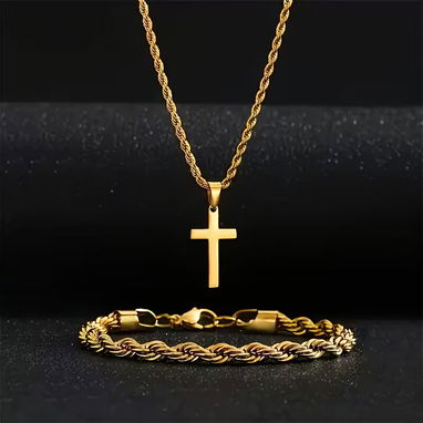 Cadena con dije de cruz mas manilla, acero quirurgico bano 18 K - 2/2