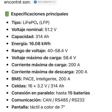 ⚡ Batería ECO-WORTHY 51.2V x 314Ah 🔋 Batería : 16.08kWh 💸 Precio:4050 USD - 2/2