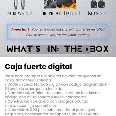 Caja fuerte digital. Doble acceso: teclado digital con código programable + 2 llaves de emergencia incluidas - 6/6