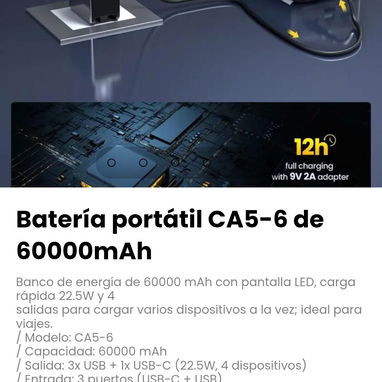 Batería portátil CA5-6 de 60000mAh. Batería: Litio-polímero - 6/6