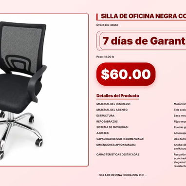SILLA DE OFICINA NEGRA CON RUEDAS, SILLA PLEGABLE PORTÁTIL TIPO CAMPING, SILLA DE OFICINA CON BRAZOS . - 5/6
