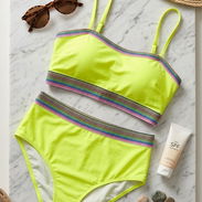 Trusa bikini talle alto verde neón con elástico multicolor, talla L. Llamativo conjunto de dos piezas con top estilo dep - Img 56105346