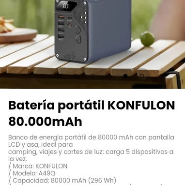 Batería portátil KONFULON 80.000mAh. Marca: KONFULON / Modelo: A49Q - 6/7