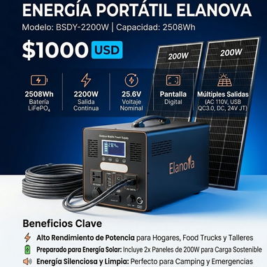 ⚡¡Potencia Real para Todo! – Estación de Energía ELANOVA 2508Wh / 2200W Incluido en la Compra 2 Paneles Solares de 200W - Img 121020311