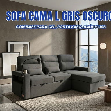 Sofá cama el L gris claro y gris oscuro con portabaso con base para el secular baúl y usb - Img 118224248