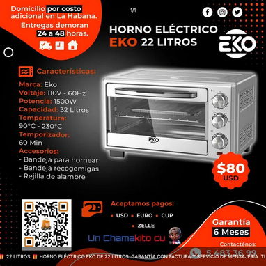 Horno eléctrico marca EKO de 22 litros 1500W Voltaje: 110V Precio $160 USD Transporte Incluido Factura y garantía - Img 120683644