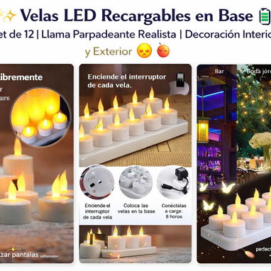 🕯️ Set de 12 Velas LED Recargables ✨ Llama Realista sin Fuego 🔋 Decoración para Hogar, Bodas, Navidad y Halloween - 2/3