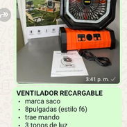 VENTILADOR RECARGABLE $42 marca saco - 8pulgadas (estilo f6) - trae mando - 3 tonos de luz - indica carga, velo - Img 55353216