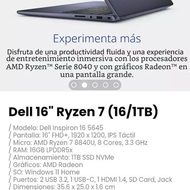 Dell 16" Ryzen 7 (16/1TB). Modelo: Dell Inspiron 16 5645 - Img 121676281