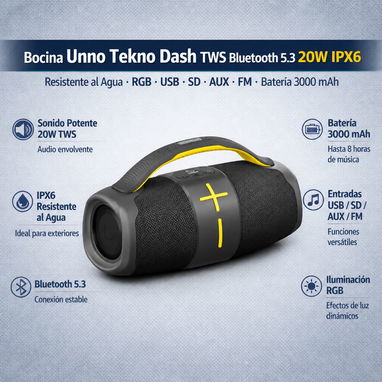 Bocina Unno Tekno Dash TWS Bluetooth 5.3 20W IPX6 Resistente Al Agua RGB USB SD Aux FM Batería 3000mAh / 75 - Img 122920454