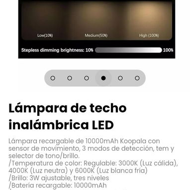 Lámpara de techo inalámbrica LED recargable de 10000mAh Koopala con sensor de movimiento - 4/6