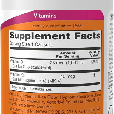 Vitamina D3 + K2 (1000IU/45mcg) (NOW Foods · 120 cápsulas) - 2/5