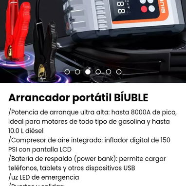Arrancador portátil BÍUBLE. Compresor de aire, power bank, luz LED  integrados. Nuevo - 3/3