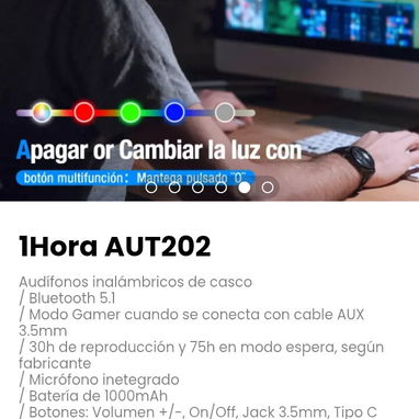 1Hora AUT202 Audífonos inalámbricos de casco - Img 122431323