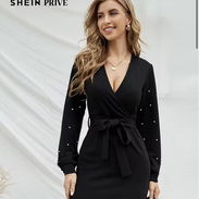 Vestido ajustado con lazo, escote cruzado y mangas largas con perlas, talla S - Img 58193563