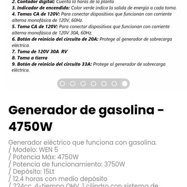 Generador de gasolina - 4750W. Modelo: WEN 5 - 7/7