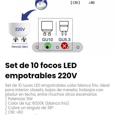 Set de 10 luces LED empotrables 220V color blanco frío. - 2/5