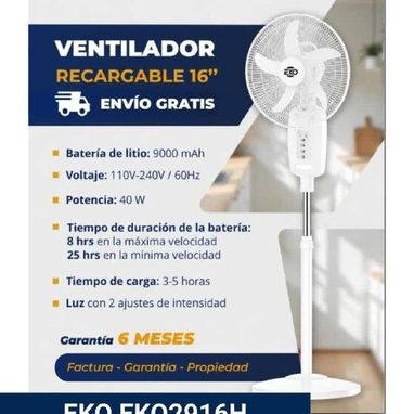 Ventilador Recargable 16" Marca Eko (Blanco y Negro) - 2/3