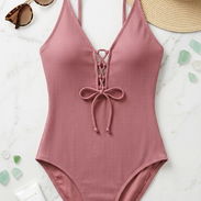 Trusa bikini entero rosa viejo acanalado, talla L. Bañador de una sola pieza texturizado con un elegante escote pronunci - Img 56105335