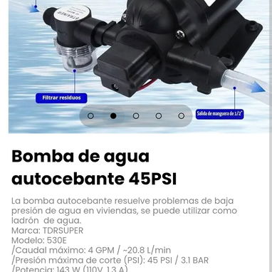 Bomba de agua autocebante 45PSI. Incluye: 1 Filtro de agua roscado , adaptadores 1/2" y 1 rollo de teflon - 2/6