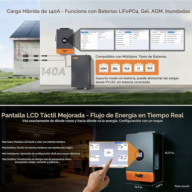 Inversor 6.5 kW PowMr híbrido de 6500W 48 V CC a 120 V/240 Vac de fase dividida Dual MPPT - 4/7